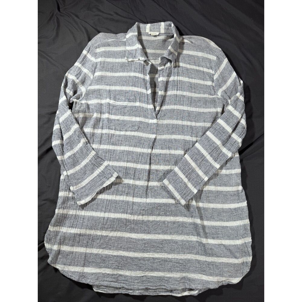 En Creme Blue White Striped Long Sleeve Tunic Popover Cotton Womens L